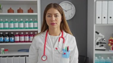 Klinikteki genç kadın doktor, üniformalı beyaz, kameraya gülümseyen kolları ve çenesi çapraz, pozitif düşünen.