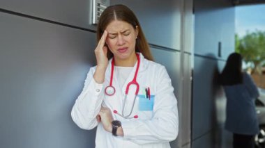 Şehir ortamında stresli bir ifadeyle duvara yaslanmış beyaz önlük ve steteskop giymiş, sağlık hizmetlerinde tükenmişlik gösteren bir kadın doktor..