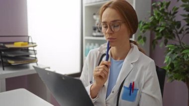 Gözlüklü kadın doktor hastane içinde modern klinik ofisinde pano incelemesi yapıyor..