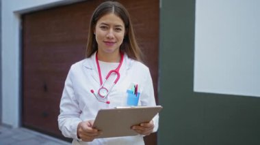 Kadın doktor elinde bir steteskopla kliniğin dışında duruyor. Şehrin bir caddesinde, beyaz önlük giymiş, kendine güvenen bir şekilde gülümsüyor..