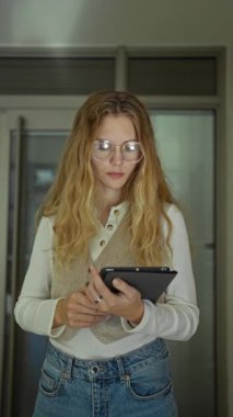 Ofiste tablet kullanan bir kadın gülümseyerek teknolojiyi kucağında tutuyor. Kapalı alanda çekici sarışın, beyaz profesyonel çalışma alanı.