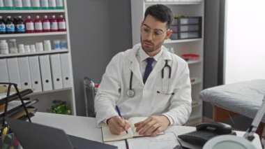 Steteskoplu genç bir erkek doktor hastane kliniğinde notlar yazıyor. Etrafı ilaç ve ofis malzemeleriyle çevrili..