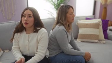 Anne ve kızı sırt sırta oturma odasındaki kanepede oturuyor. İkisi de derin derin düşüncelere dalmış, aile dinamiklerini ön plana çıkarıyor ve kapalı bir ortamda duygusal mesafeyi vurguluyor..