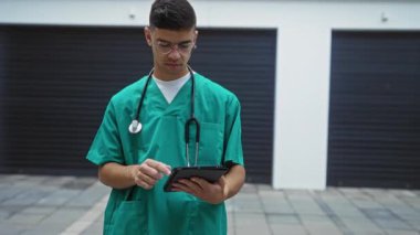 Genç İspanyol erkek doktor şehir sokaklarında yeşil önlük ve gözlük takmış, boynunda steteskop olan bir tablet kullanarak bir şehir zemininde dikiliyor..