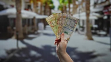 Peru tabanlı kadın şehir caddesinde arka planı bulanık açık havada finans teması sergiliyor.