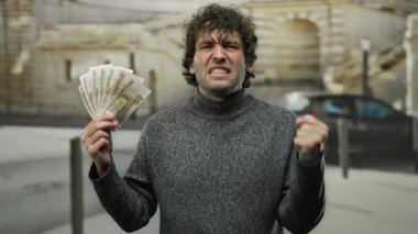 Şehir sokaklarında elinde Rus rublesi tutan İspanyol bir adam para ile hayal kırıklığına uğramış bir halde ortaya çıkıyor..