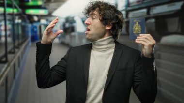 Elinde Kanada pasaportu olan bir adam, deniz manzaralı bir yolculukta seyahat kimliğiyle el kol geziyor..