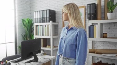 Mavi gömlekli bir kadın, kollarını kavuşturmuş, raflar, bilgisayar ve kapalı mekanlar ile çevrili, profesyonel ve odaklanmış bir atmosferi somutlaştıran modern bir ofiste güvenle duruyor..