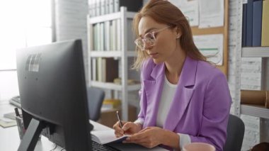 Mor ceketli bir kadın, modern bir ofiste bilgisayarında kitap raflarıyla çalışıyor, notlar alıyor, pembe bir bardak tutuyor, profesyonellik yayıyor ve odaklanıyor..