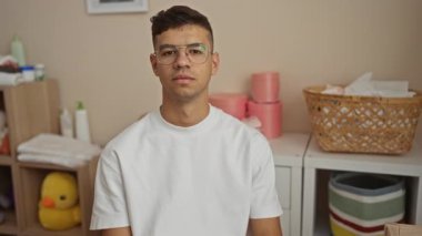 Hastane odasında gülümseyen, gözlüklü ve beyaz tişörtlü genç bir adam. Etrafı oyuncaklarla ve bebek eşyalarıyla çevrili. Klinik bir ortamda..