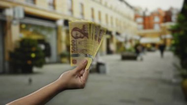 Yoğun bir şehir caddesinde el ele tutuşan Macar bankaları, ekonomi ve para birimlerine odaklanarak Avrupa 'daki kentsel yaşam ve mali durumları vurguluyor..