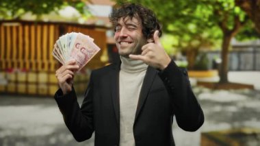 İspanyol bir adam şehir sokaklarında Thai banknotlarını tutarken telefonla jest yapıyor..