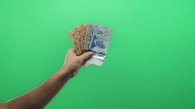 Parlak yeşil bir arka plan üzerinde Kanada banknotları tutan adam finansal ve para birimi kavramlarını canlı bir şekilde gösteriyor..