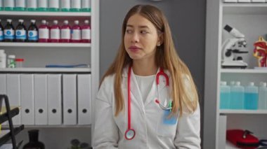 Fısıldayan sırlar, üniformalı beyaz kadın doktor. Elle ağızla bir sır söylüyor. Klinikte fısıldayan bir konuşma yapıyor.