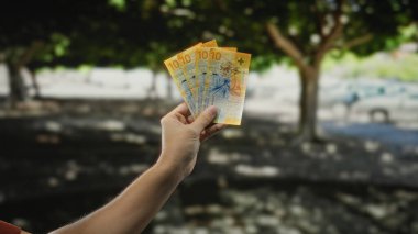 Parkta elinde İsviçre banknotları olan ve arka planda ağaçlar olan bir adam, açık havada doğal güneş ışığı ile döviz alışverişini vurguluyor ve canlı bir sahne yaratıyor..