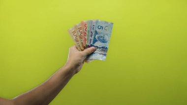 Kanadalı banknotları, izole edilmiş sarı bir arka plana karşı elinde tutan, renkli para birimi gösteren ve finansal kavramları ve uluslararası dövizleri vurgulayan bir adam..