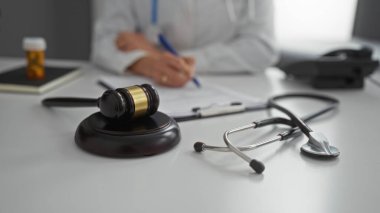 Doktor, hastane masasında stetoskop ve tokmağın yanında tıbbi yasaları ve sağlık yönetmeliklerini belirten klinik bir ortamda kağıt üzerinde yazı yazıyor..