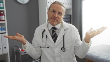 Klinikte steteskobu olan olgun bir doktor, tıbbi malzeme ve teçhizatın önünde duran omuz silkerek, laboratuvar önlüğü ve gözlüğü takarak belirsizliğini ifade eder..