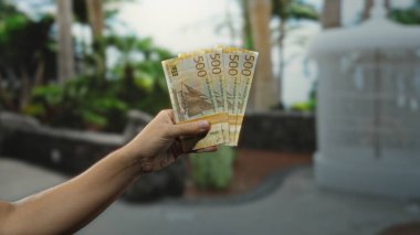 Kentsel alanda yeşil yeşillik ve bulanık mimari içeren arka plan manzaralı şehir caddesinde elinde Norveç kronu banknotları tutan adam.