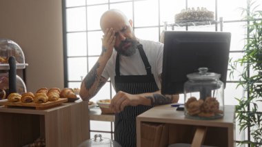 Fırında çalışan bir adam fırında pişmiş yiyecekler ve bilgisayarla yorgun ve stresli görünüyor..