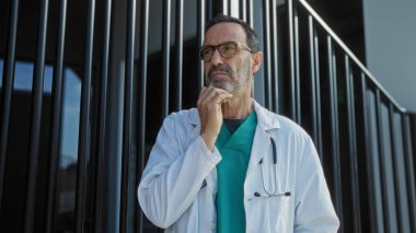 Dışarıdaki olgun İspanyol adam tıbbi ceket giyiyor. Düşünceli bir yüz ifadesi var. Kentsel ortam profesyonel tefekküre işaret ediyor.