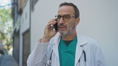 Tıbbi kıyafetli olgun İspanyol bir adam şehir sokaklarında dikiliyor, telefonda konuşuyor odaklanmış bir ifadeyle..