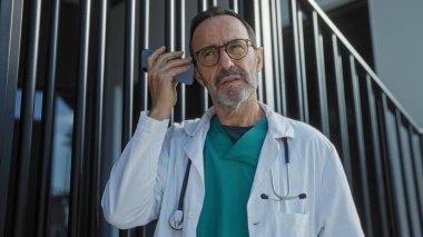 Beyaz önlüklü orta yaşlı İspanyol doktor dışarıdaki şehir hastanesinin yakınında boynunda steteskop ve yüzünde düşünceli bir ifadeyle sesli mesaj dinliyor..
