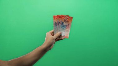 Elinde İsviçre frangı tutan adam yeşil arka planda renkli banknotlar ve finansal temalar sergiliyor..