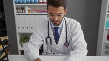 Klinikteki genç erkek doktor, gözlük ve steteskop takıyor, arka planda tıbbi malzemelerle masa başında çalışmaya odaklanmış, profesyonelliği ve bakımı aktarıyor..