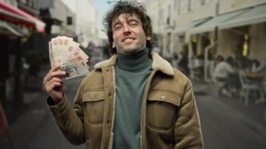 Bir şehir caddesinde elinde Türk lirası tutan İspanyol bir adam, iyi bir jest yaparken, mali başarı ve halkın güvenini temsil ediyor..