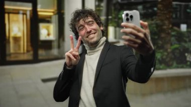 Şehir sokaklarında selfie çeken genç bir adam, güler yüzlü ve gündüz kent ortamında barış işareti gösteriyor. Mutluluk ve kendine güveni ifade ediyor ve şık siyah ceket giyiyor..