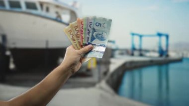 Kanadalı banknotlar tutan bir adam deniz kenarı limanının yanında, bulanık deniz manzaralı renkli bir para birimi sergiliyor..