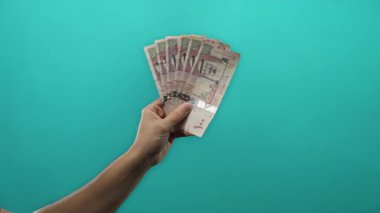 Suudi riyal banknotlarını izole edilmiş yeşil bir zemine karşı tutan adamın eli, canlı ve net bir şekilde para gösteriyor..