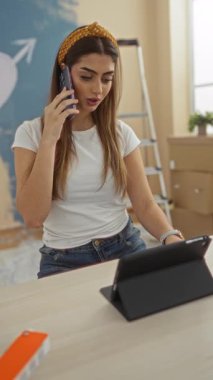 Telefonla konuşan bir kadın, modern yaşam alanını dekore ederken masada tabletle konuşuyor..