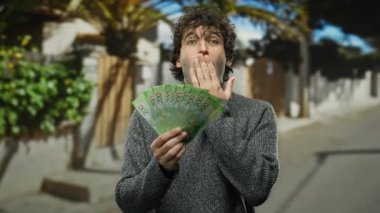 Açık havada elinde Rus rublesi olan bir adam, şehir arka planına karşı şaşkınlığını dile getiriyor..