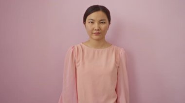 Şok olmuş, genç Çinli bir kadın elleri kazara ağızla kaplanmış, pembe arka planda gizli bir yüz ifadesi var.