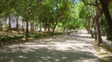 Açık hava parkında bulanık ağaçlar ve insanlarla dolu bir patika, yemyeşil yeşillik bir gölgelik altında huzurlu ve huzurlu bir manzara izlenimi veriyor..