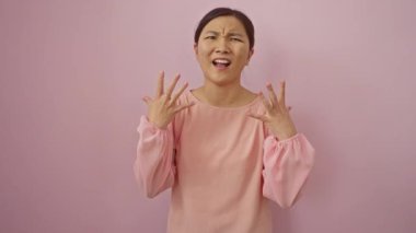 Genç Çinli kadın çılgın bir ifadeyle ayakta duruyor, bağırıyor ve kollarını kaldırıyor çılgın, agresif bir öfkeyle pembe arka plan için.