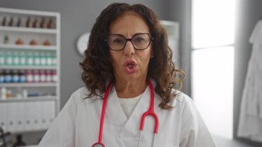 Hastane ortamında el kol hareketleri ve kırmızı steteskop ile kızgınlığını ifade eden bir kadın klinikte gözlük ve sağlık üniforması takıyor..