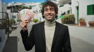 Tayland banknotları tutan İspanyol bir adam bir şehir caddesinde gülümsüyor, heyecanlı Tayland şehir atmosferinde sürprizle harmanlıyor..