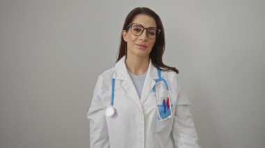 Gözlüklü ve steteskop takan kadın doktor, beyaz bir arka plana karşı, kapalı gözlerle gülümseyen, profesyonelliğini ve sıcaklığını sağlık ortamında ileten,.