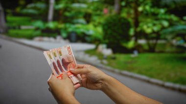 Bir açık hava parkı ortamında Norveç kronu banknotları tutan adam, kentsel bir ortamda yatırım ve finans sektörünü vurguluyor.