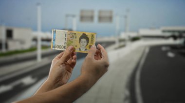 Bir otoyolda Güney Kore banknotunu tutan eller para birimine ve açık havaya odaklanıyor..