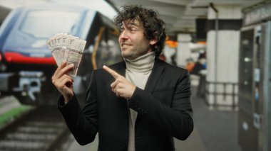 Tren istasyonundaki İspanyol adam Suudi riyal paralarını işaret ederek kültürel çeşitlilikle kurulmuş bir demiryolunda seyahat ve finans kaynağını yakalıyor..