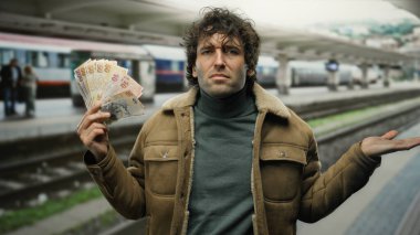 Türk lira banknotları tutan adam, tren istasyonunun peronunda duruyor. Açık hava ortamında kargaşa olduğunu ifade ediyor..