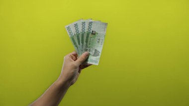 El ele tutuşan Güney Koreli, para ve finans unsurlarına odaklanarak ekonomik temayı vurgulayarak, canlı sarı bir arkaplan karşısında banknotlar kazandı..