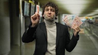 Havaalanı terminalindeki İspanyol adam Tayland banknotlarını yukarı kaldırıyor. Bu da uluslararası finans ya da seyahat kararlarını yoğun bir iç mekan ortamında verdiğini gösteriyor..