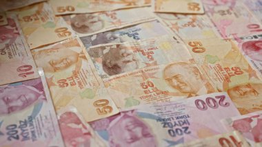 Türk banknotları Türkiye 'den gelen çeşitli lira para birimlerini sergiliyor, para, bankacılık ve ekonomiyle ilgili finans temalarını vurguluyor.