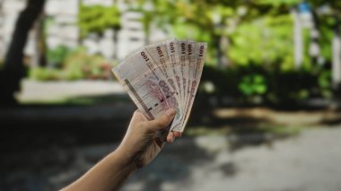 Suudi Arabistan riyal banknotlarını elinde tutan adam yeşil ve bulanık arka planlı bir parkta zenginlik ve para birimini doğal bir ortamda tasvir ediyor..