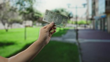Şehir caddesinde elinde Polonya 'nın zloti banknotları olan bir adam, açık hava kentsel finans sahnelerini canlı yeşilliklerle ve arka planda bulanık binalarla yakalıyor..